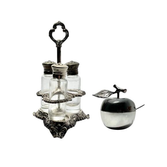 Vintage Silverplate Miniature 3-Shaker Salt & Pepper Cruet, Apple Condiment Dish - Picture 1 of 13